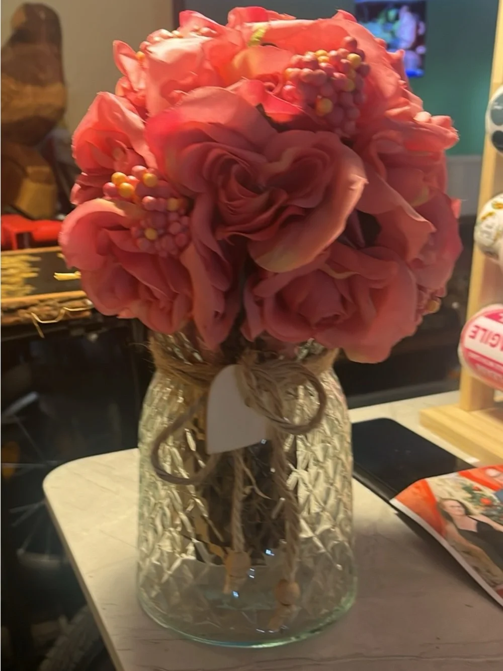 Pink Artificial Rose Bouquet in Textured Glass Vase with Jute Accent 143